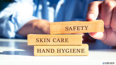 Drei Holzblöcke in der Hand eines Menschen mit den Aufschriften "SAFETY", "SKIN CARE" und "HAND HYGIENE".